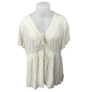 Torrid White Striped Short Sleeve Crochet Lace-Up Crinkle Peplum Blouse Top Sz 3